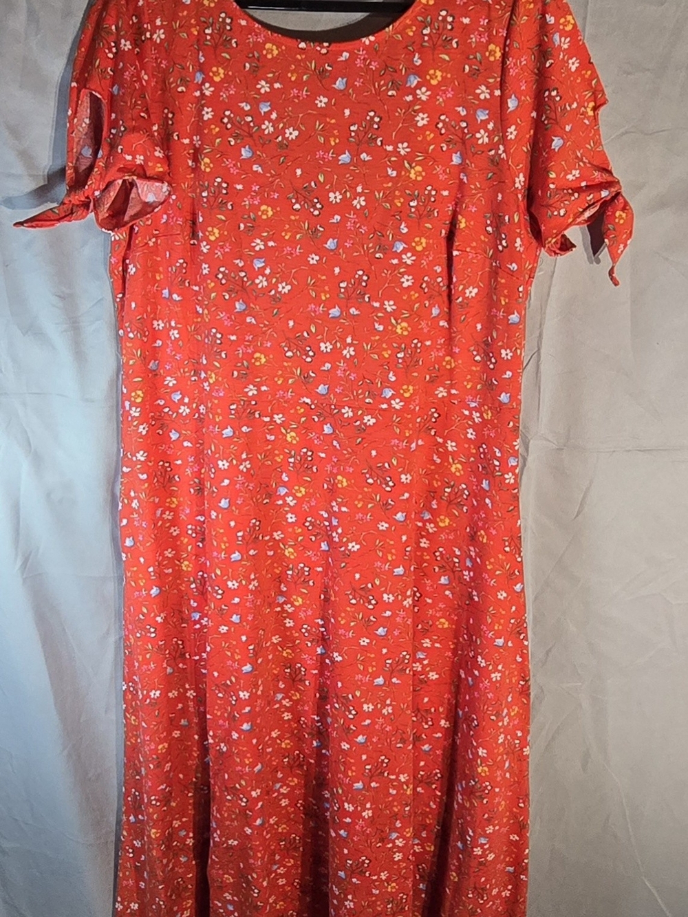 Emma & Michele Coral Red Floral Maxi Dress with Tie Sleeves
